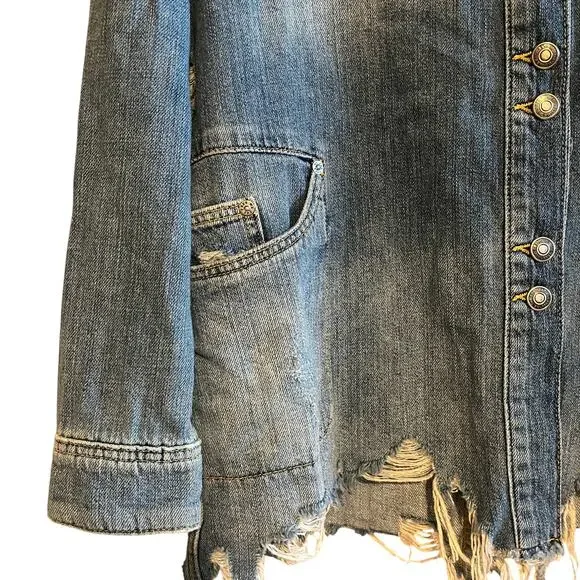 Free People FP Moonchild Distressed Denim Shirt Jacket Blue Size Small - Picture 5 of 9